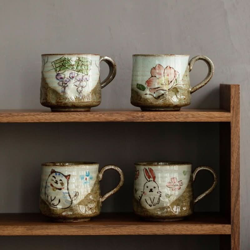 Japan Imported Seto-yaki Ceramic Flower Language Cat Mug, 8.11oz. Rustic glaze with cute cat design.